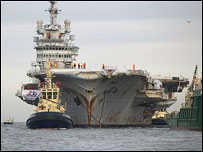 Clemenceau is towed into the Tees.