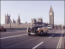 A London black taxi on Westminster Bridge
