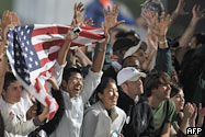 Cheering crowds at the victory rally in Chicago