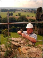 Views across the Vale of York for construction workers on top of Sheriff Hutton Castle