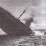 The Marco Foscarini sinking. Photograph taken from HMS Unison (Sub) April 1943