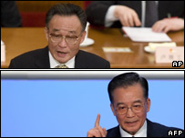 Top: 09/03/2009 Wu Bangguo at National People's Congress AP; Bottom: 28/01/2009 Wen Jiabao in Davos AFP/Getty Images