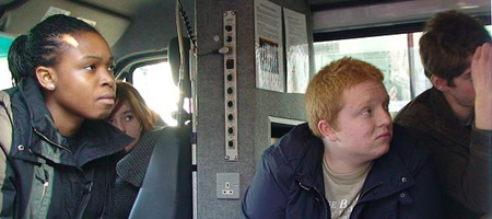 Students from Coulsdon College, Croydon in a BBC radio truck