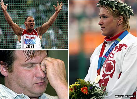 Hungarian discus thrower Robert Fazekas (top left), hammer thrower Adrian Annus (bottom left) and Russian shot putter Irina Korzhanenko were all stripped of gold medals at the 2004 Games for doping offences