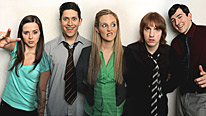 (L-R) Rachel Rae plays Shelley, Abdullah Afzal plays Asif, Jessica Hall plays Tania, Christian Foster plays Kenny and Chris Hannon plays Darrel