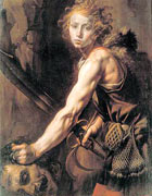 A young warrior David, muscled with a sword and slings and pouches at his belt, with a hand on Goliath's head
