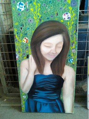 Girl in a blue satin dress