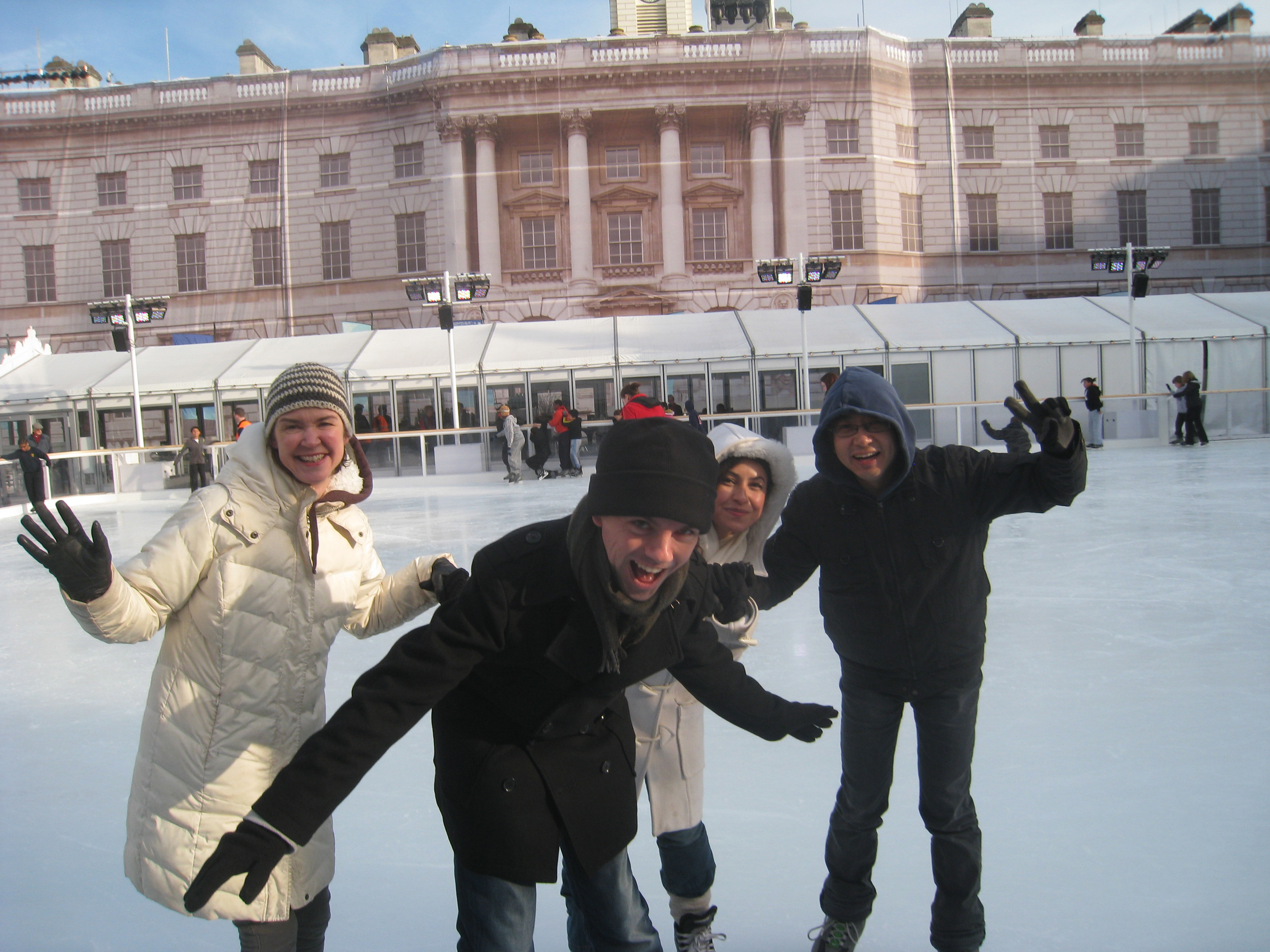 Alice, Stephen, Val and Wang Fei ice-skating in Sommerset House