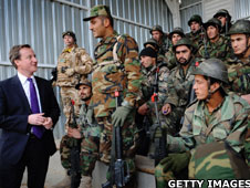 David Cameron talking to Afghan soldiers at Kabul military training centre