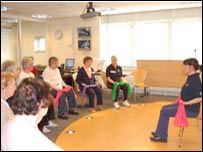 Ladies taking part in a chair aerobics session 