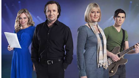 All The Small Things. L-R: Sarah Alexander (Layla), Neil Pearson (Michael Caddick), Sarah Lancashire (Esther Caddick), Richard Fleeshman (Kyle Caddick)