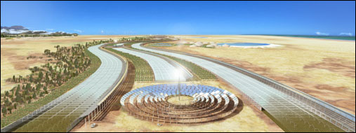Simulação de computador do Projeto Sahara. Seawater Greenhouse 