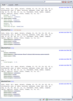 Screenshot of Firebug's CSS inspector showing the potential repetition caused by a 'noisy' reset