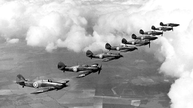 Hawker Hurricanes fly in formation. It's estimated that Hurricane pilots were credited with four-fifths of all enemy aircraft destroyed in the Battle of Britain.