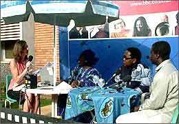 Catherine Fellows and Ofeibea Quist-Arcton with delegates at Fespaco
