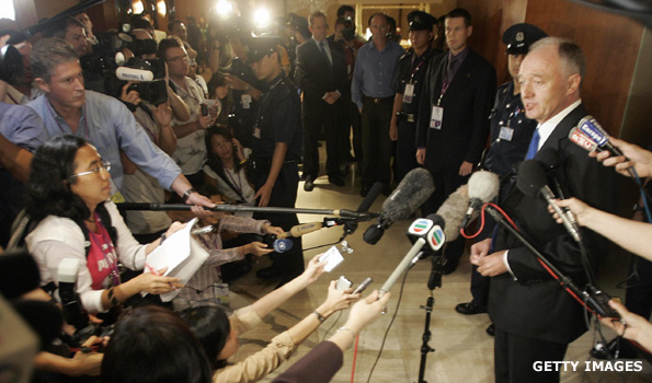 Ken Livingstone in Singapore on July 7 2005 giving 'the speech of his life'. Getty Images