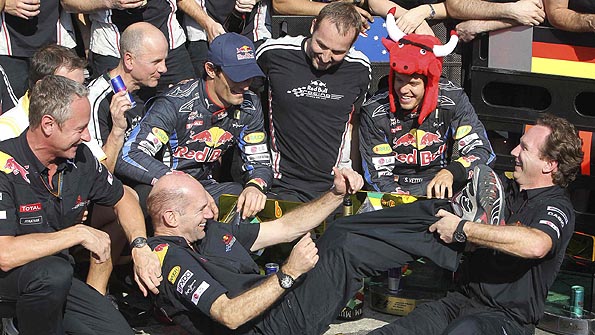 Adrian Newey celebrates with Red Bull at the Brazil Grand Prix