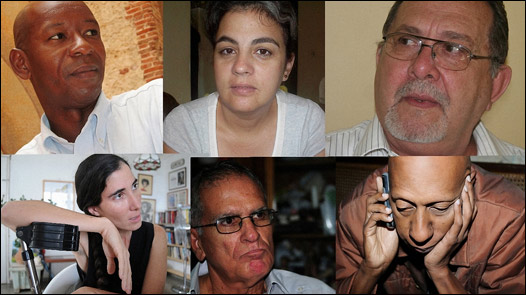 6 de los 74 disidentes que firmaron la carta (Manuel Cuesta Morua, Gisela Delgado, Hector Palacios, Yoani Sanchez, Oscar Espinosa y Guillermo Farinas).(Foto: Raquel Pérez)