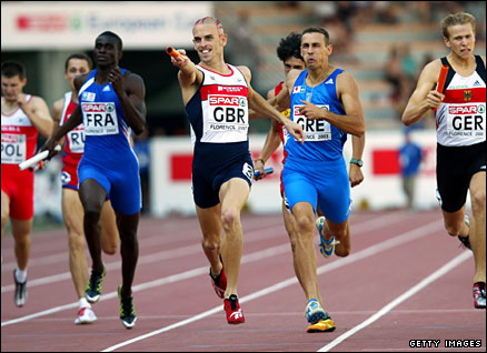 Matt Elias celebrates another relay win for Britain at the European Cup in 2003