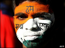 Indian boy with tricolour paint on his face