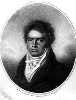 Engraving of Ludwig van Beethoven by Blas Hofel, from a crayon drawing by Louis Tehonne, 1814