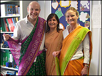 Chris tries on a Sari