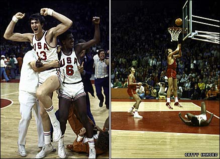 USA basketball players celebrate victory prematurely (left), while the USSR's Alexander Belov scores the winning basket in the 1972 Olympic final in Munich
