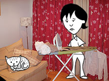 Helen ironing in the sitting room