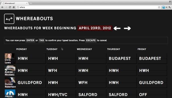 Screenshot of the Whereabouts system