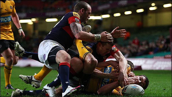 Wakefield concede a try to Castleford at the Millennium Stadium in their opening game of the new Super League season. Pic: Getty