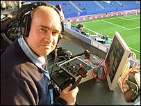 BBC Radio Manchester's Ian Cheeseman in his commentary position at the Nordbank Arena in Hamburg