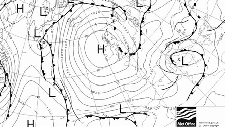 The latest weather chart from the Met Office showing high pressure over Wales.
