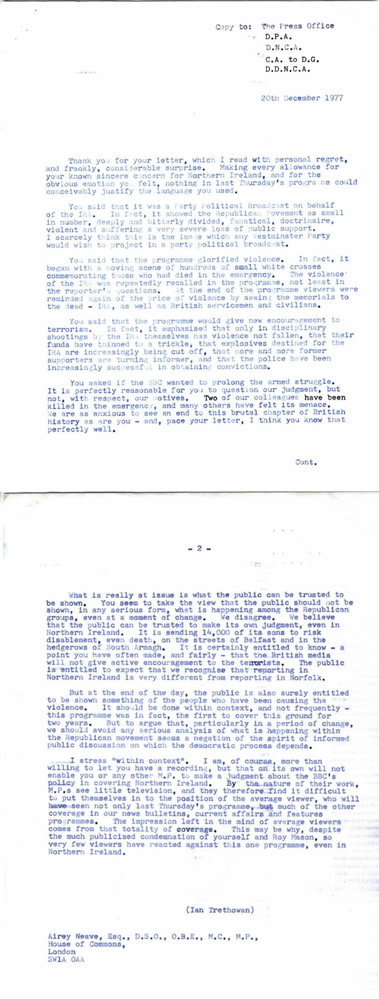 BBC Director Generals's reply to Airey Neave