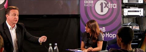 David Cameron with Tulip Mazumdar and radio 1 audience
