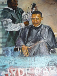 Painting of Barack Obama at barber shop