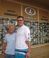 Gary Linden at his shaping bay and surf shop, at Oceanside, in California with Mark Patterson