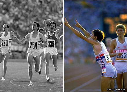 Britain's Sebastian Coe winning 1500m gold at the Moscow Olympics (left) and retaining his title in Los Angeles