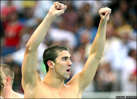 MIchael Phelps celebrates his eighth gold of Beijing 2008