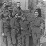 'Just before crossing the Rhine'. Signallers of 232 Battery. Leslie Harry on right.