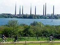Brickwork chimnneys and lake