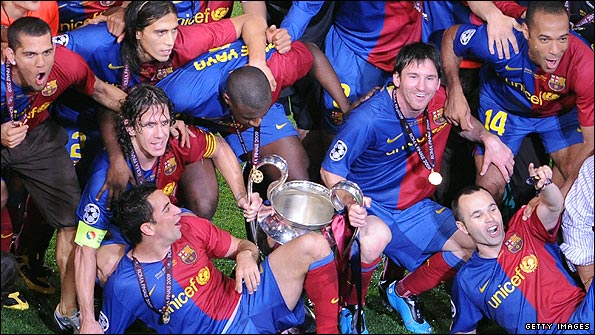 Barcelona celebrate their 2-0 Champions League Final win
