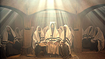 Reconstruction of Jesus (Selva Rasalingam, centre) in the synagogue revealing he is the one referred to in Isaiah's prophesy