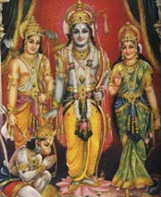 Rama (centre) with Laxman (left), Sita (right) and Hanuman (bottom)
