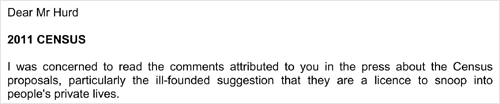 I was concerned to read the comments attributed to you in the press about the Census proposals, particularly the ill-founded suggestion that they are a licence to snoop into people's private lives