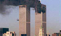 Smoke pouring from the twin towers of the World Trade Center on 11 September, 2001