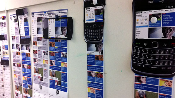 Mobile homepage mockups on a wall, viewed through cut-outs of different mobile phone models.