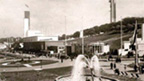 Black and white view of Bellahouston Park showing fountain, pavilions and tower that formed part of the Empire Exhibition.