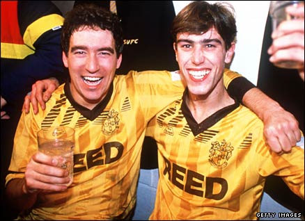 Sutton United's players celebrate beating Coventry City in the FA Cup in 1989