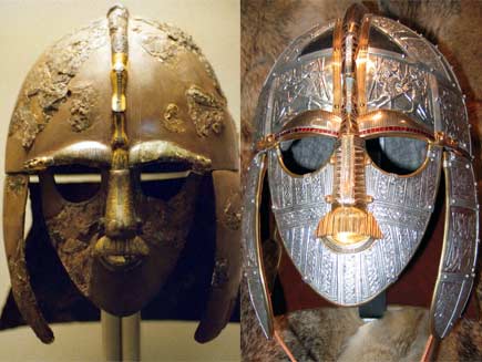 Ornately decorated Anglo-Saxon helmet with long side-pieces to protect the cheeks. The front is a replica of a face, even featuring a short moustache, with large eye-holes