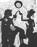 A line drawing of a stela from Berlin, depicting Akhenaten with the pharaoh-queen